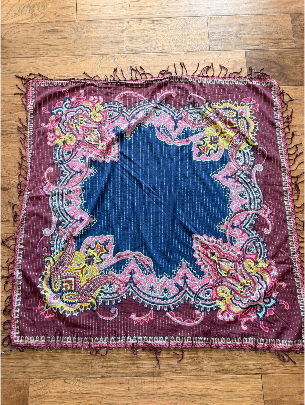 Bohemian Purple and Blue Paisley Square Scarf with Fringe Edges, 37 Inch